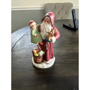 Hemco Ceramic Santa Claus‎ Figurine Holding Girl Teddy Bear Basket Christmas Dec